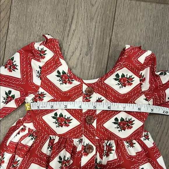 SweetHoney Toddler Girl Red Cream Long Sleeve Pockets Floral Rose Dress Size 18M - Picture 9 of 11